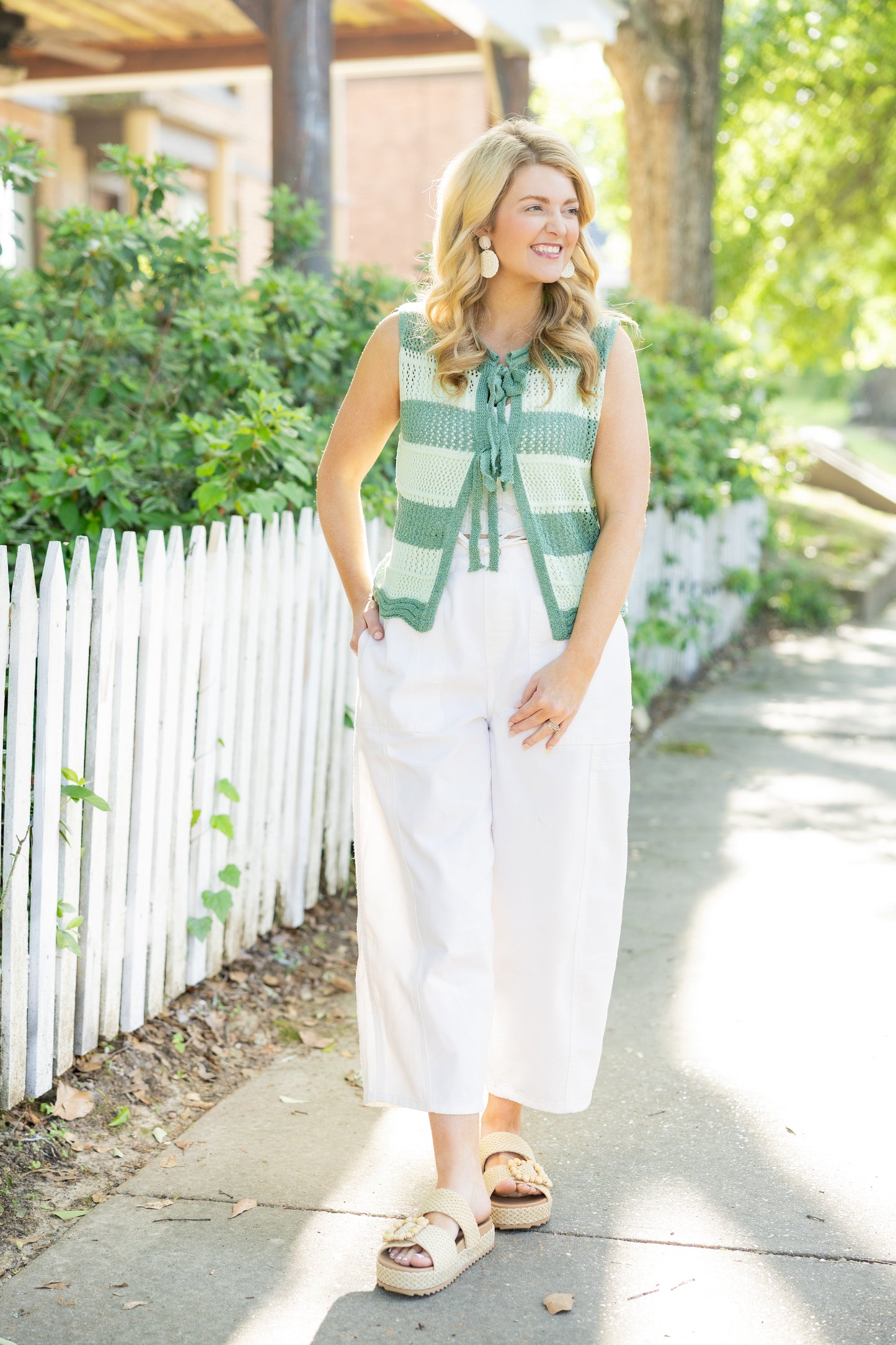 Striped Crochet Tie-Front Knit Vest LSW1039: Green