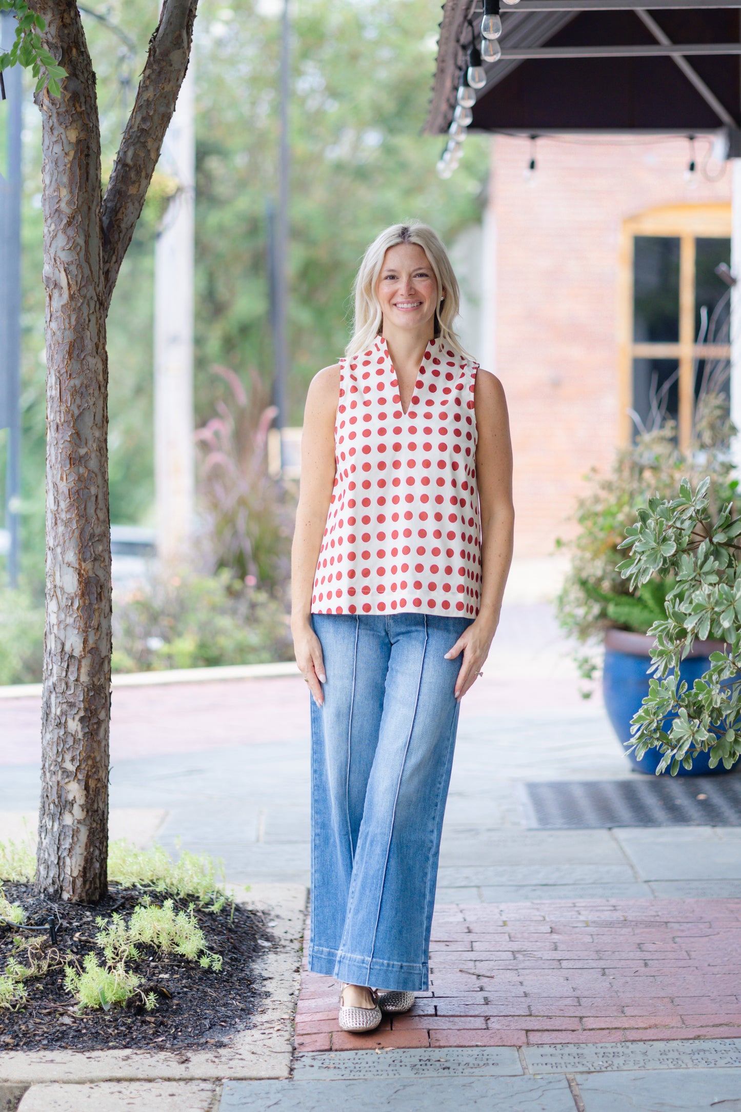 Rust Polka Dot V Neck Top