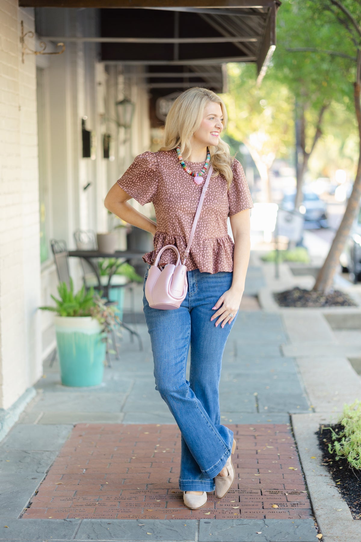 Pink and Brown Dotted Peplum