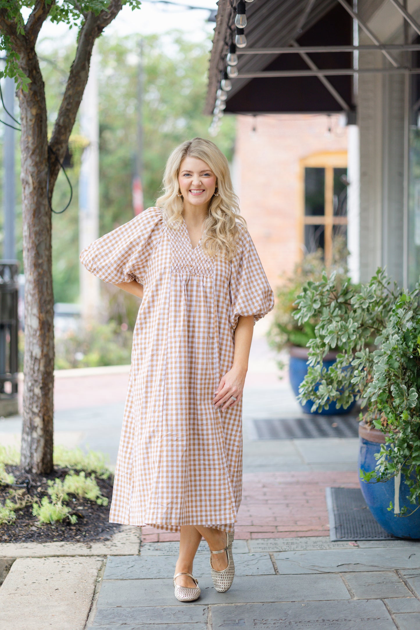 Brown Gingham Print Dress