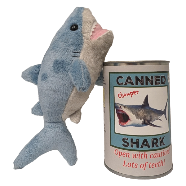 Canned Shark | Stuffed Animal Plush w/Jokes | Unique Gift: Pop Top Lid