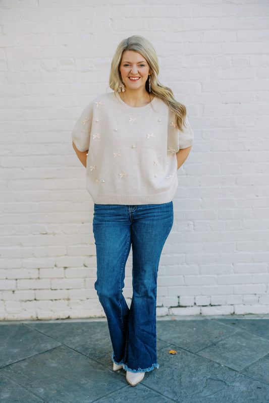 Taupe Short Sleeve Bow Sweater