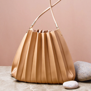 Carrie Taupe Pleated Vegan Lthr Shoulder Bag