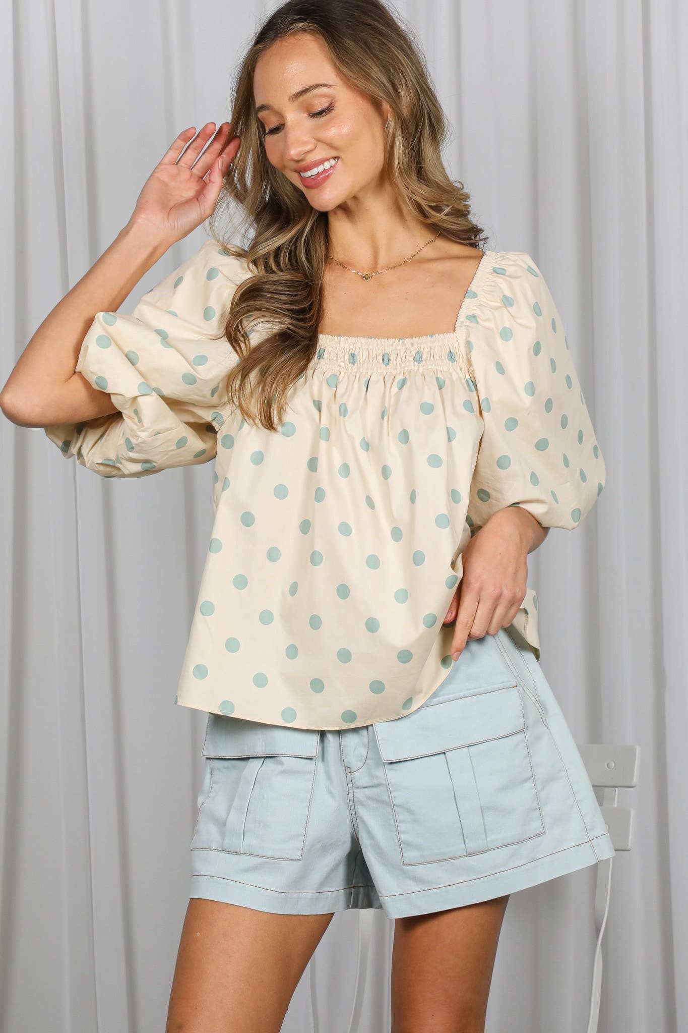 Polka Dot Short Bubble Sleeve 100%Cotton Blouse VT83161D: Taupe / L