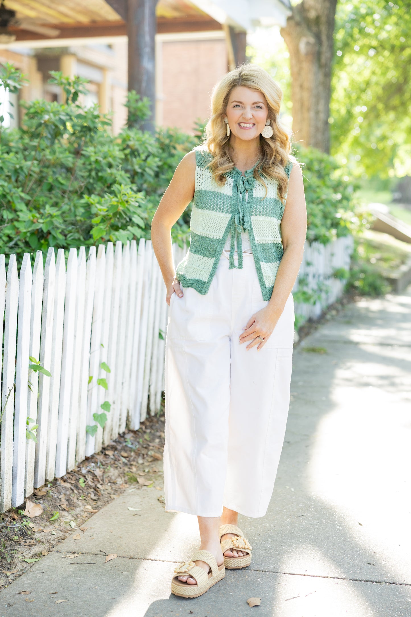 Striped Crochet Tie-Front Knit Vest LSW1039: Green
