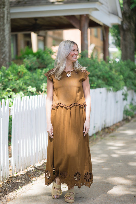 Brown Two Piece Set Eyelet Detail