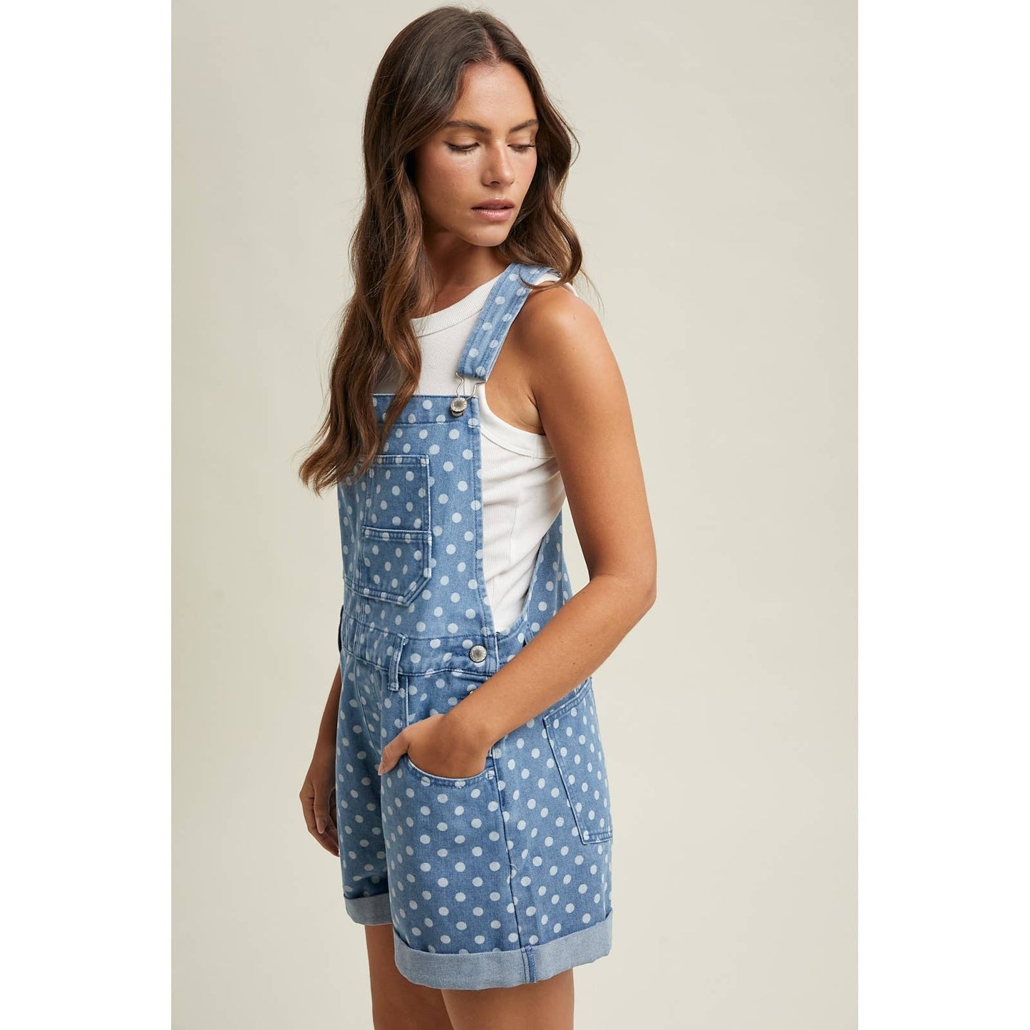 POLKA DOT DENIM SHORTALL / WL26-12589: DENIM DOT / S