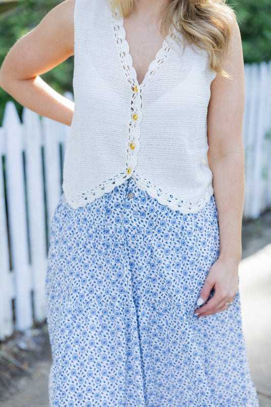 Gold Button Crochet Vest Cream