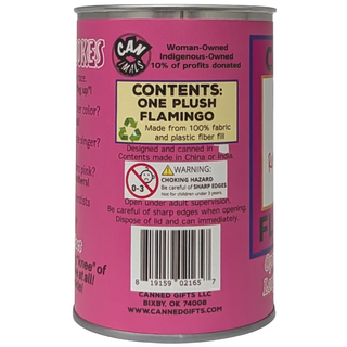 Rosy the Canned Flamingo w/Jokes - Eco-Friendly Recycled: Pop Top + Plastic Lid & Shrink Band