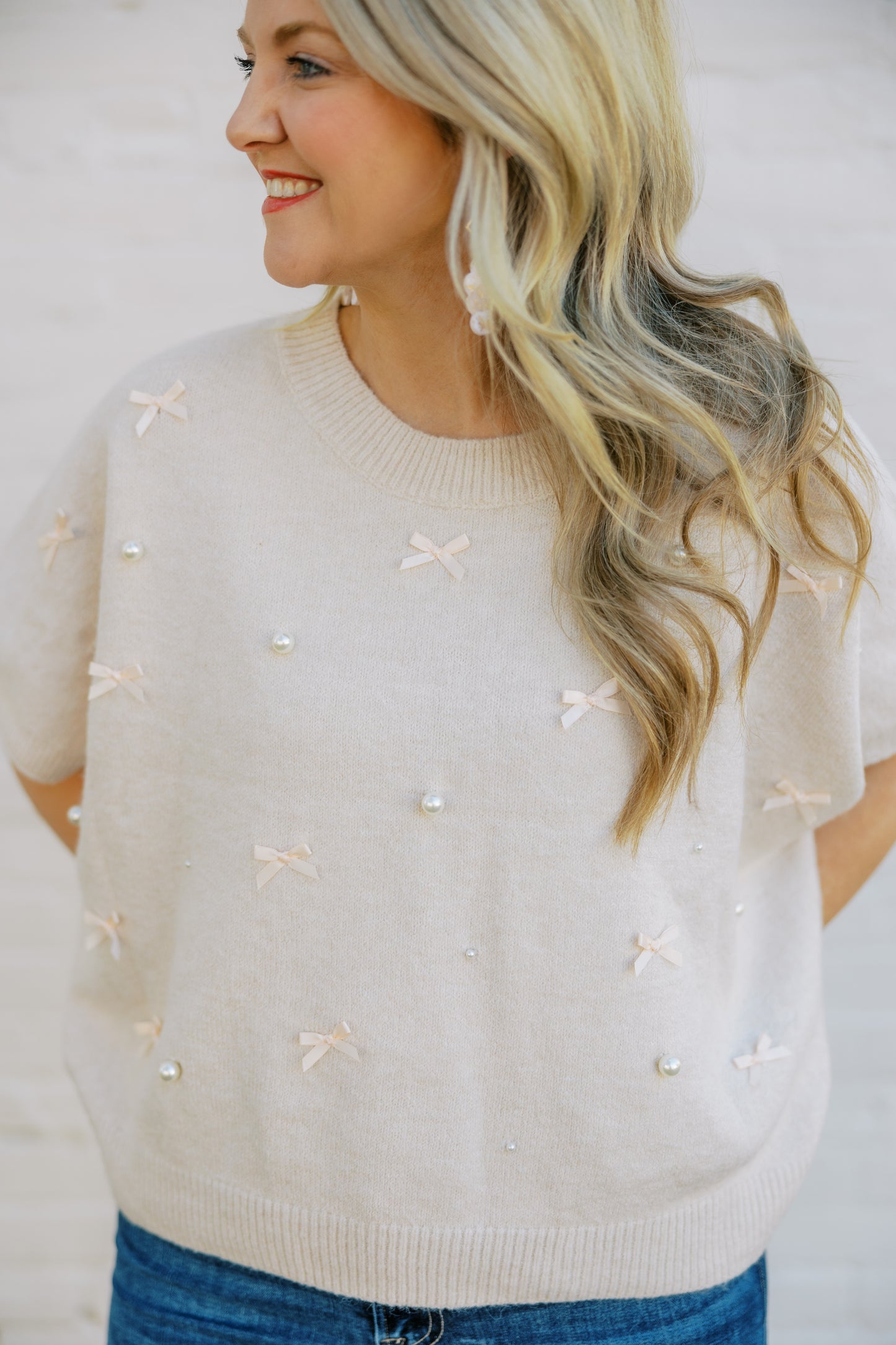 Taupe Short Sleeve Bow Sweater