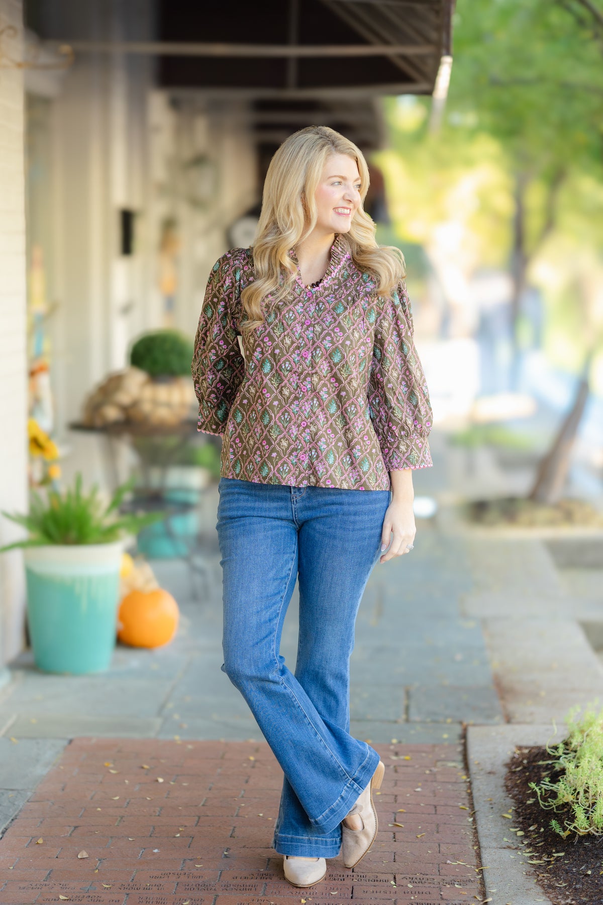 Brown and Pink Printed Blouse