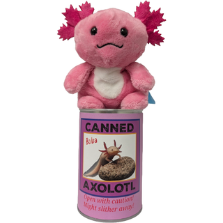 Canned Axolotl | Stuffed Animal Plush w/Jokes | Unique Gift: Pop Top + Plastic Lid & Shrink Band