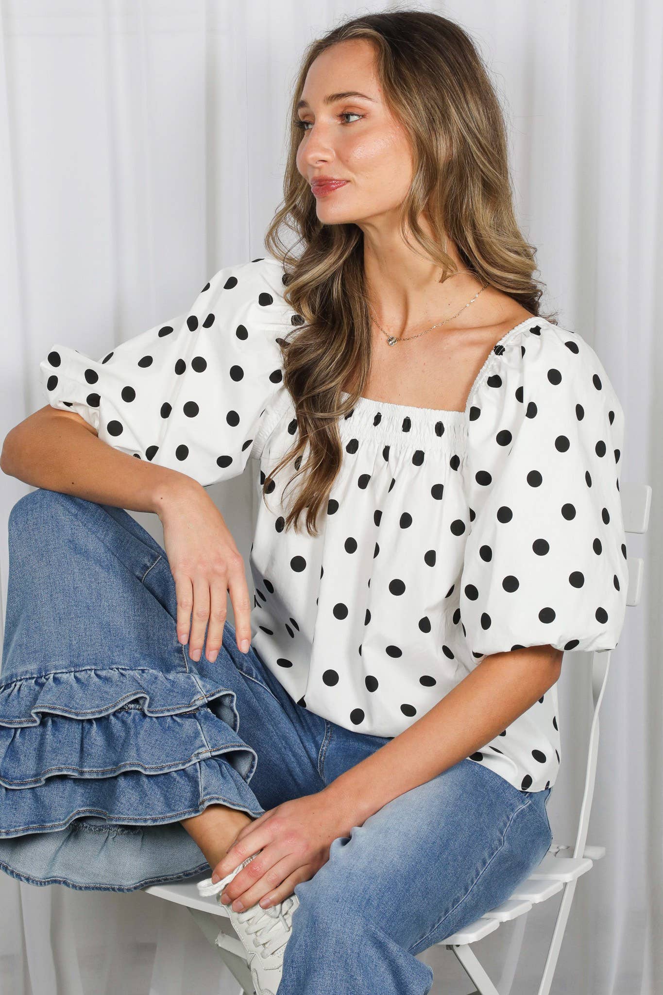 Polka Dot Short Bubble Sleeve 100%Cotton Blouse VT83161D: Taupe / L