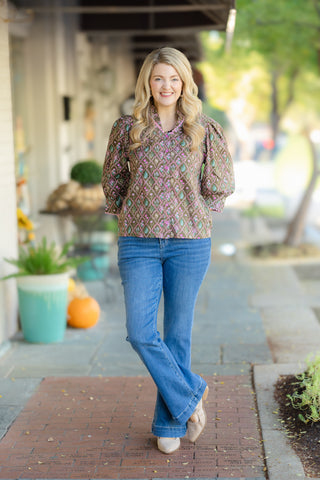 Brown and Pink Printed Blouse