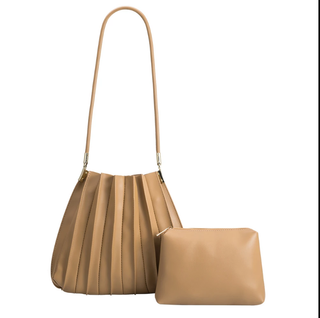 Carrie Taupe Pleated Vegan Lthr Shoulder Bag