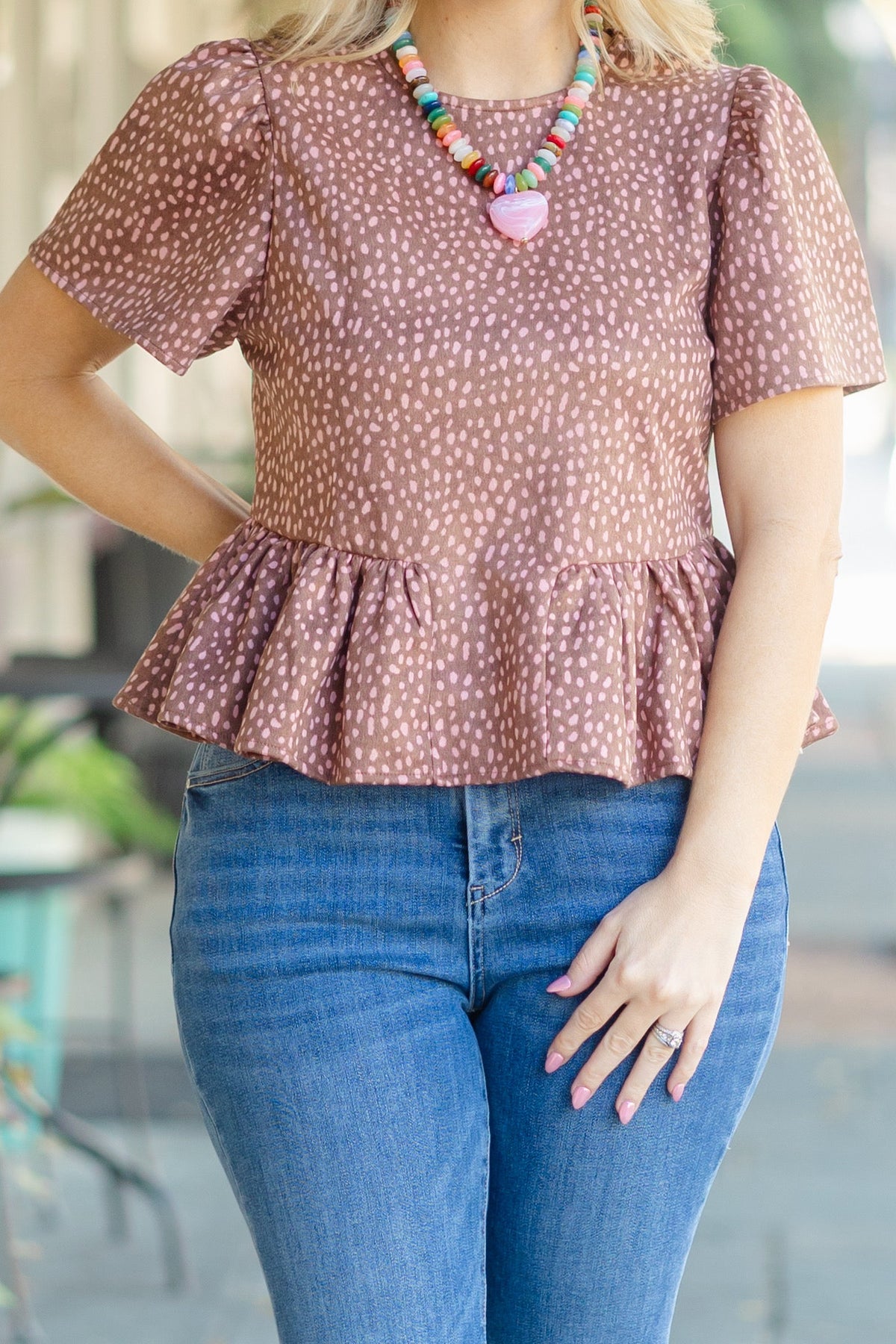Pink and Brown Dotted Peplum
