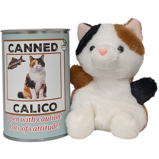 Canned Calico Cat | Stuffed Animal Cat Plush w/Jokes: Pop Top + Plastic Lid & Shrink Band