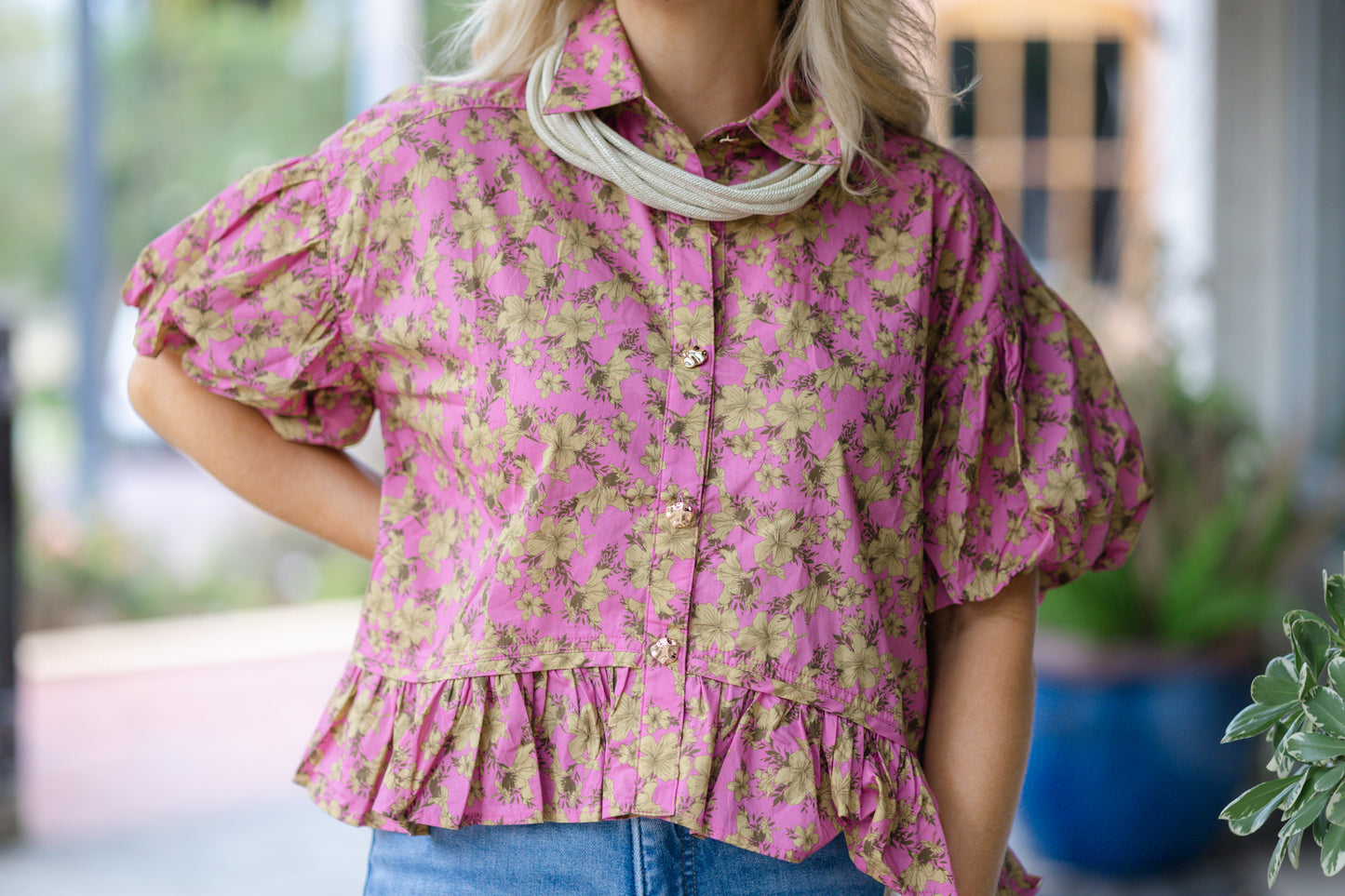 Dusty Pink Top with Gold Button Detail