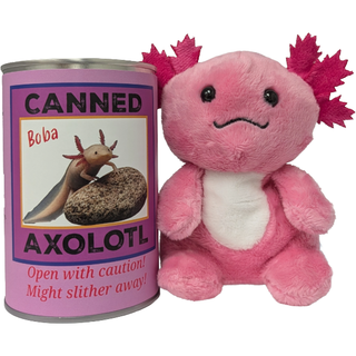 Canned Axolotl | Stuffed Animal Plush w/Jokes | Unique Gift: Pop Top + Plastic Lid & Shrink Band