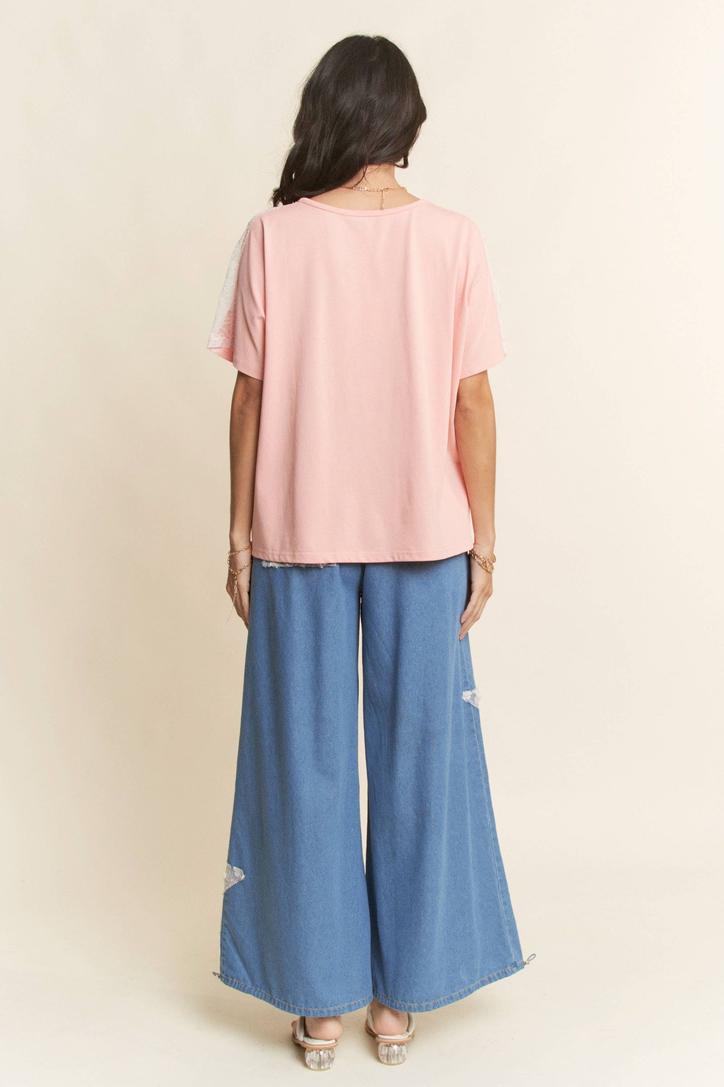 HEART PEACE PATCH LACE PEARL SHORT SLEEVE TOP: Pink / L