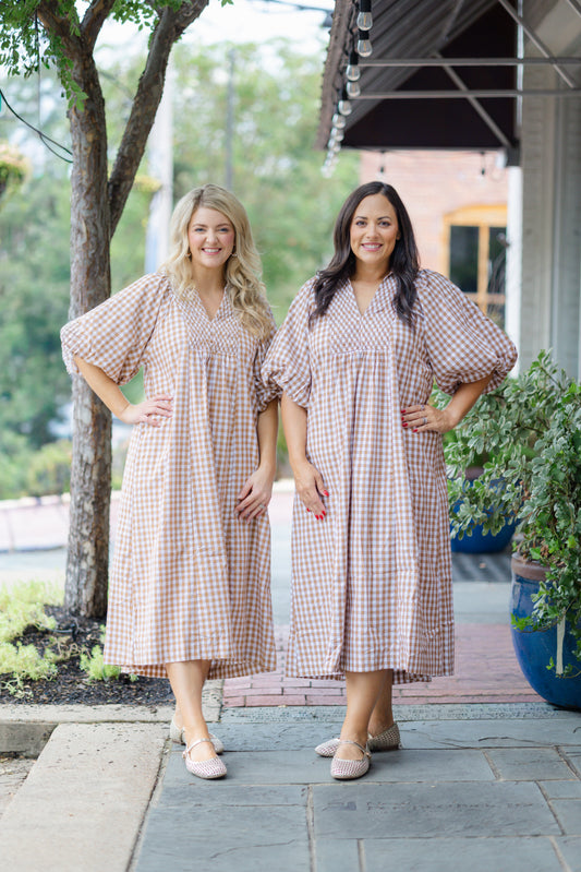 Brown Gingham Print Dress