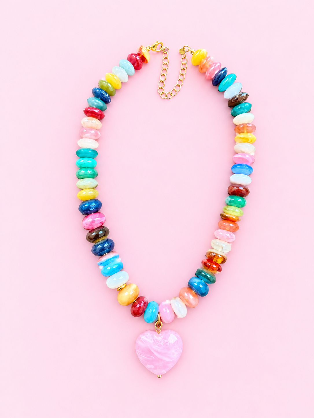 Multi Beaded Heart Necklace-Pink