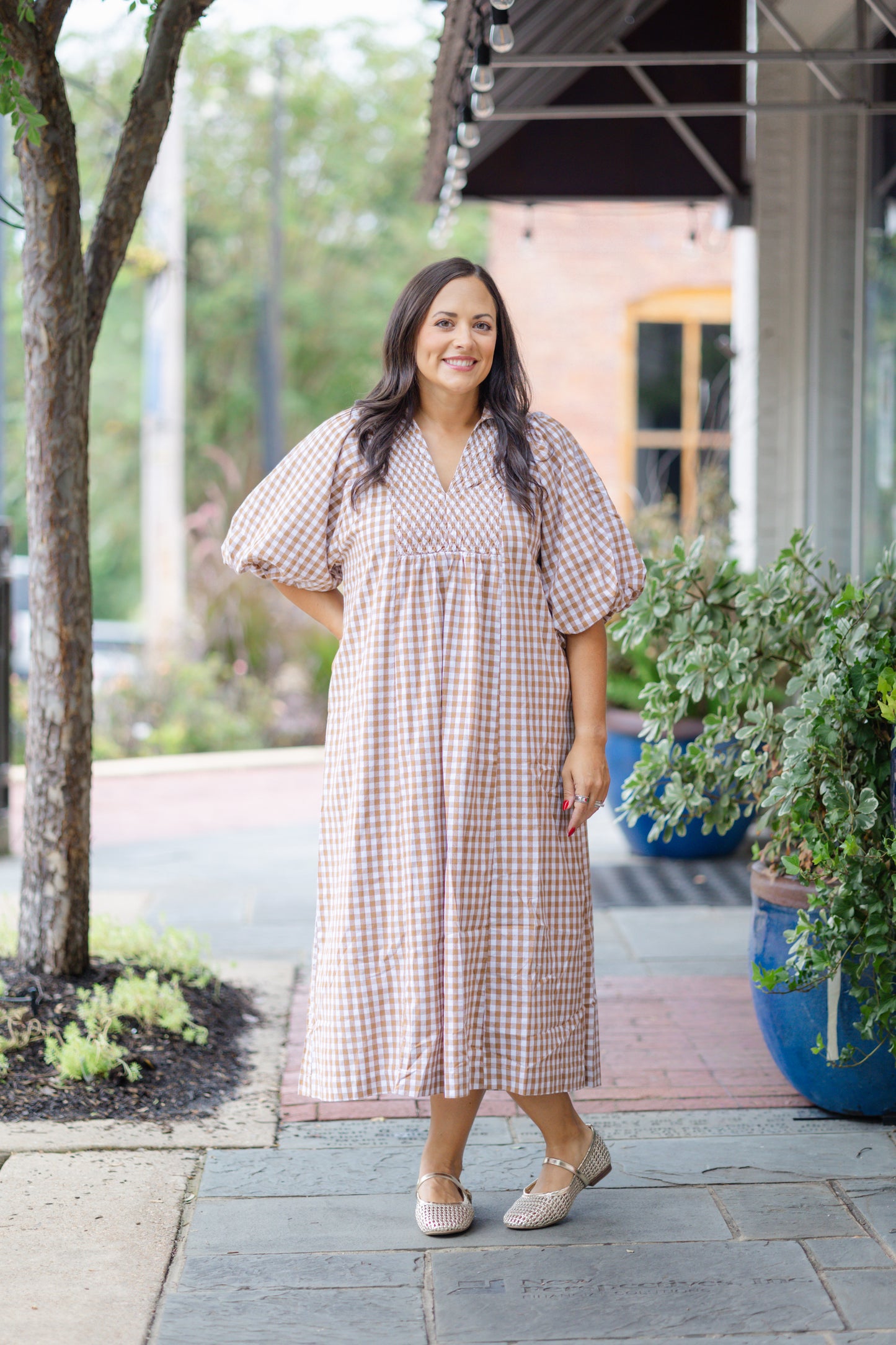 Brown Gingham Print Dress