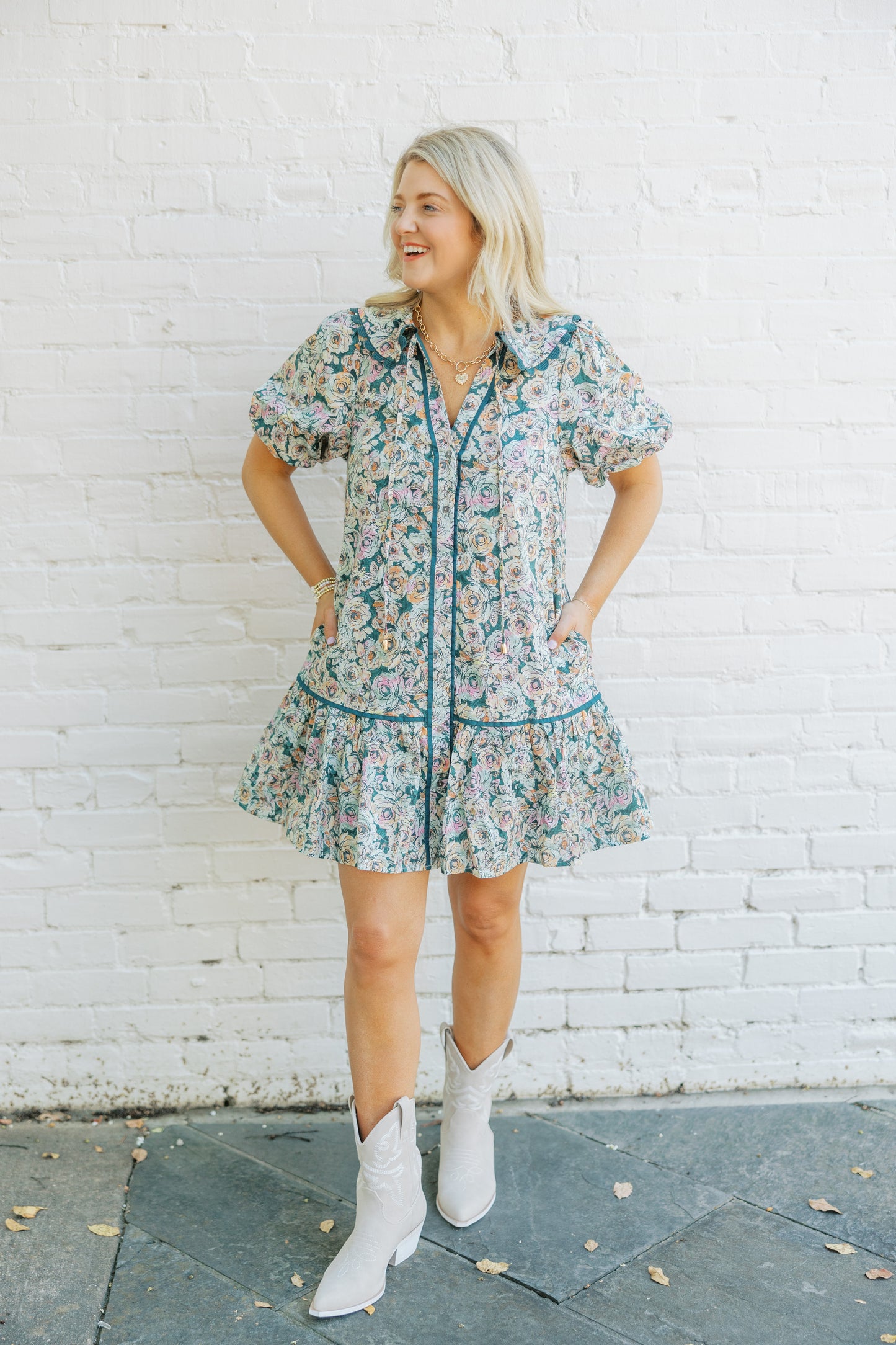 Floral Dress with Pipping Detail