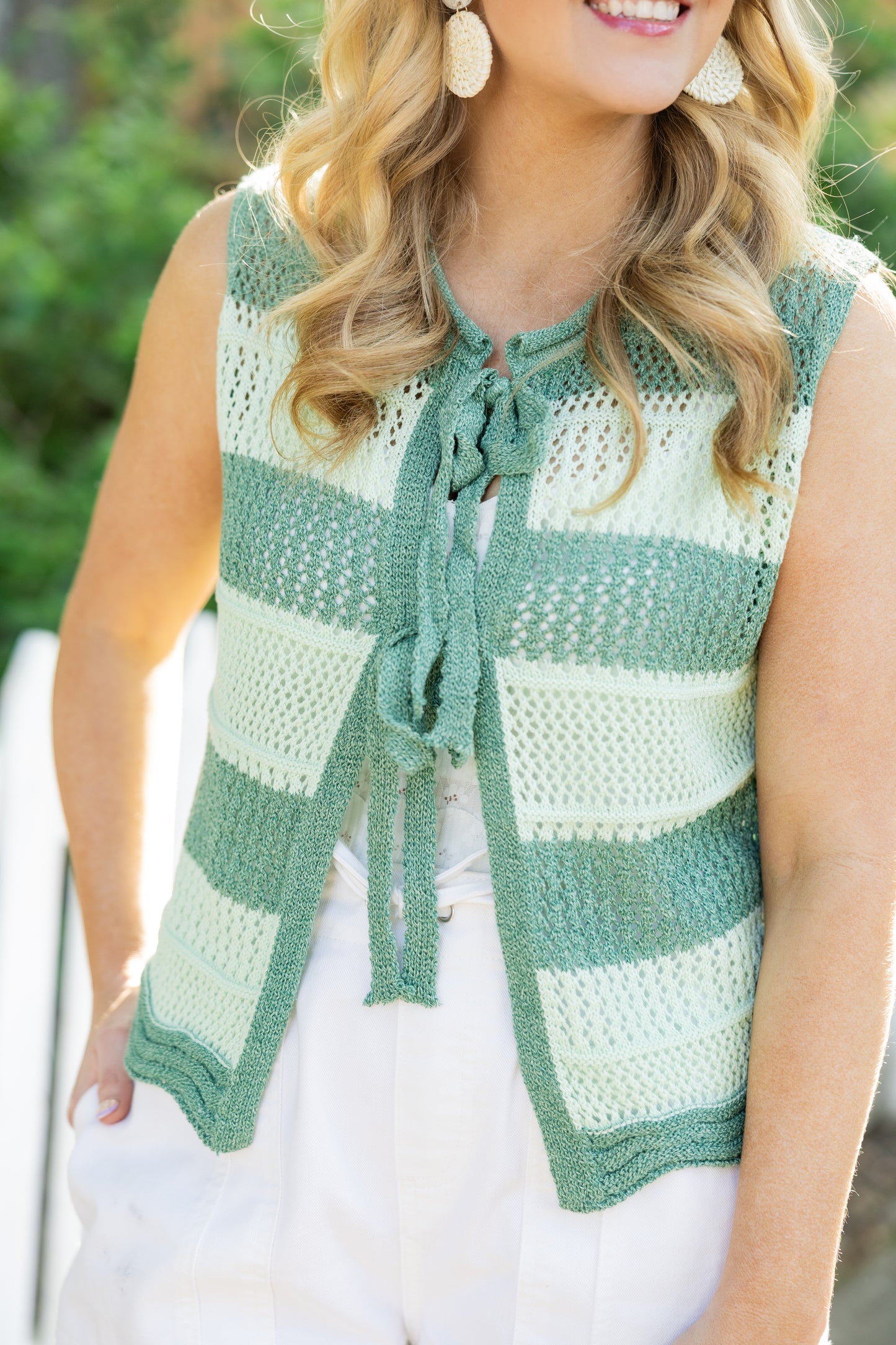 Striped Crochet Tie-Front Knit Vest LSW1039: Green