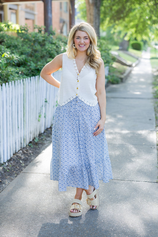 Button Flower Midi Skirt