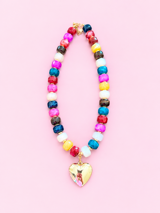 Multi Beaded Heart Necklace- Gold