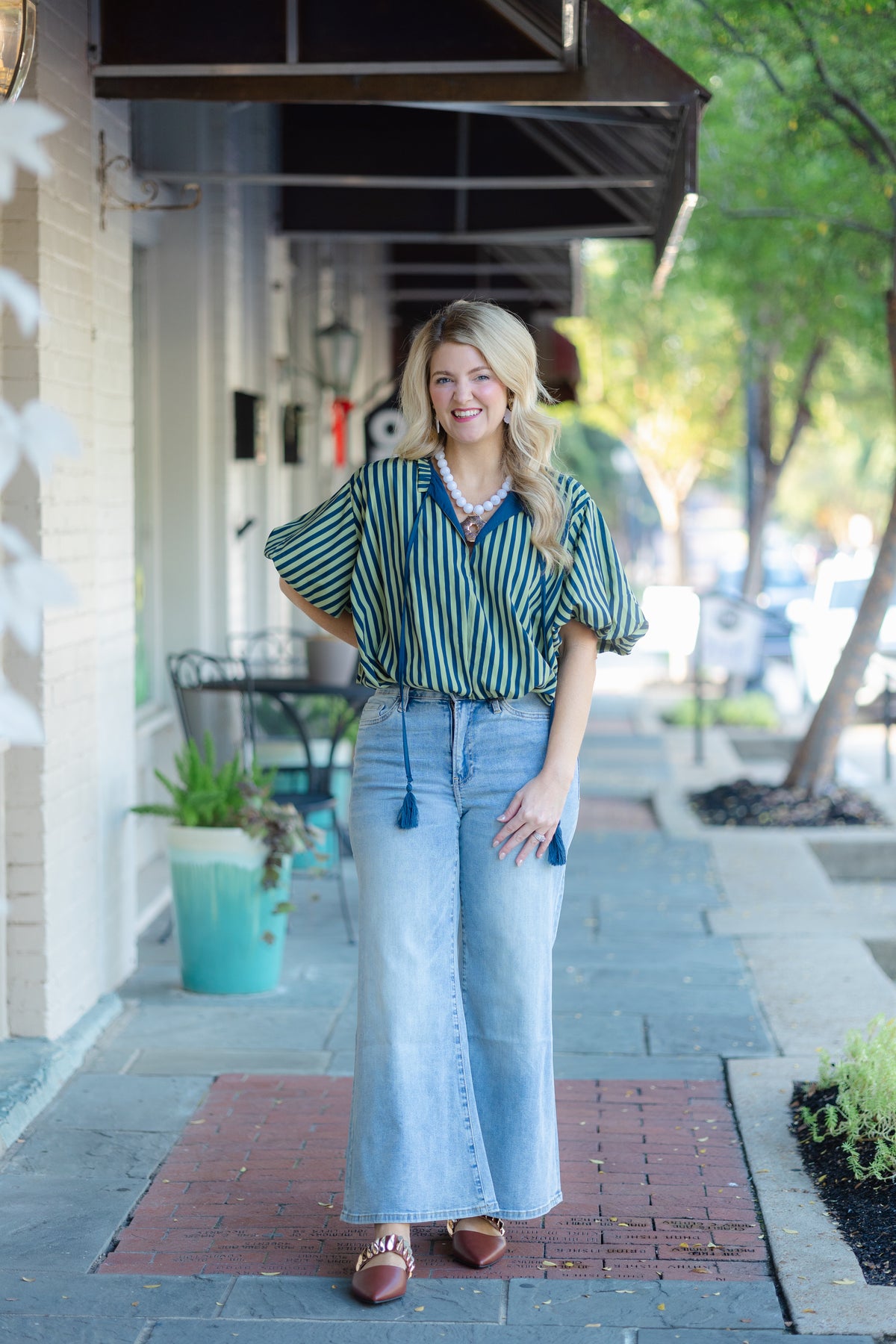 Blue and Green Stripe Bubble Hem Top