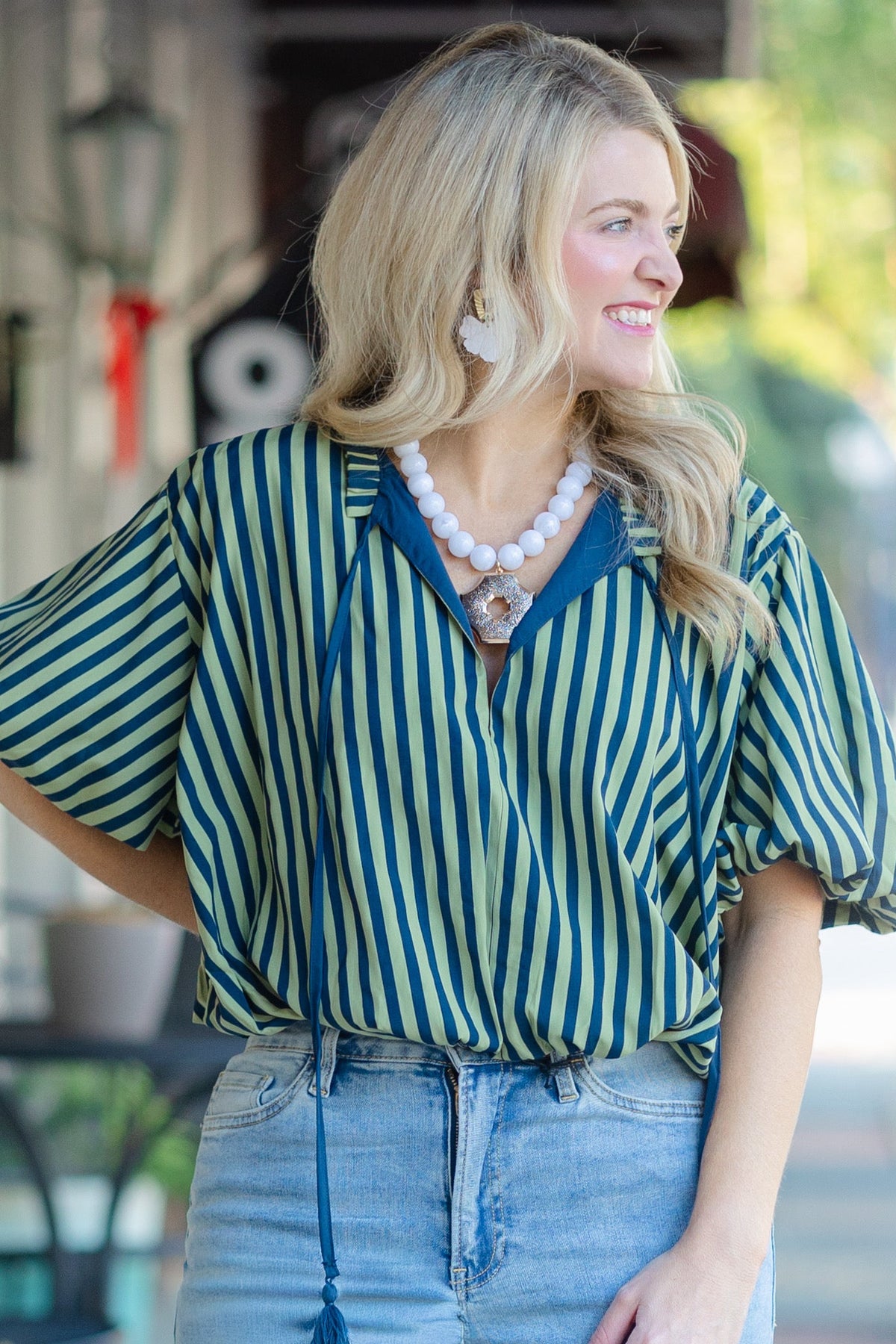 Blue and Green Stripe Bubble Hem Top