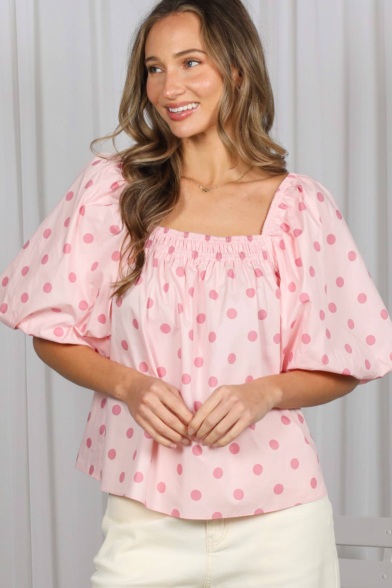 Polka Dot Short Bubble Sleeve 100%Cotton Blouse VT83161D: Taupe / L