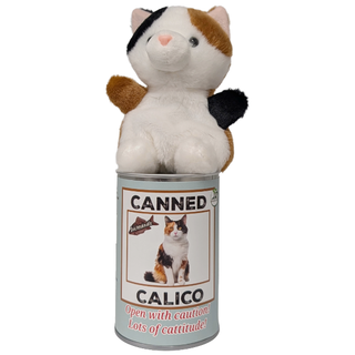 Canned Calico Cat | Stuffed Animal Cat Plush w/Jokes: Pop Top + Plastic Lid & Shrink Band
