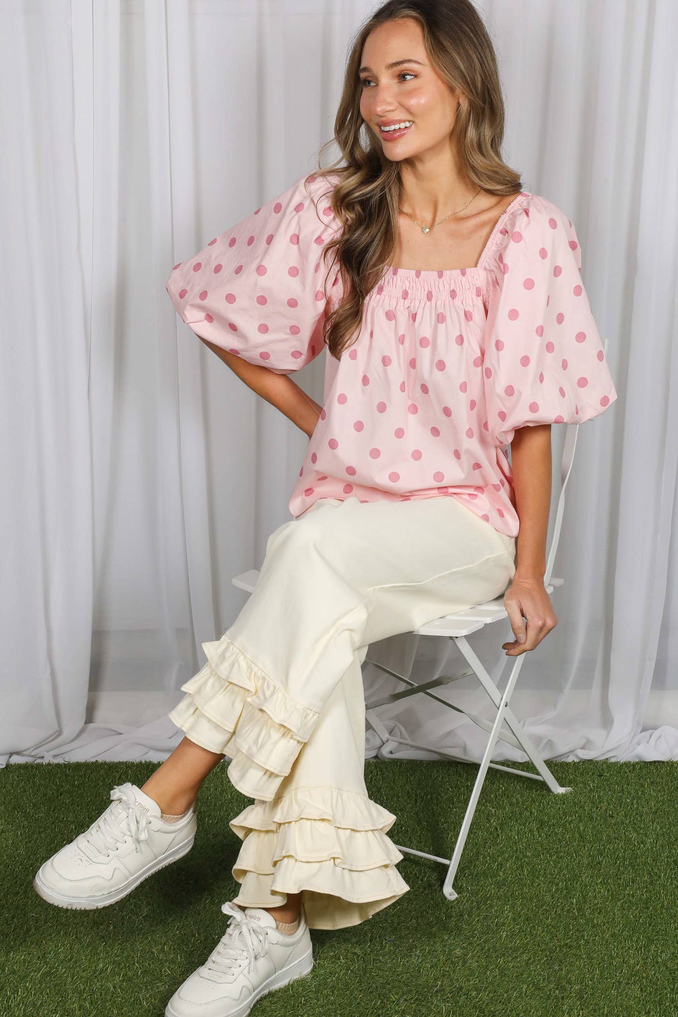 Polka Dot Short Bubble Sleeve 100%Cotton Blouse VT83161D: Taupe / L