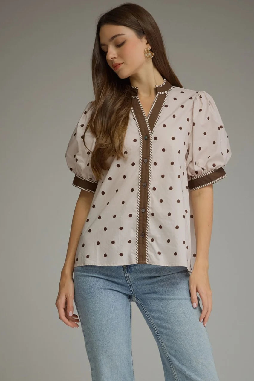 White and Brown Polka Dot Blouse