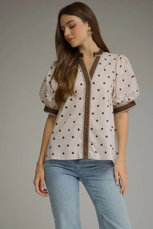 White and Brown Polka Dot Blouse