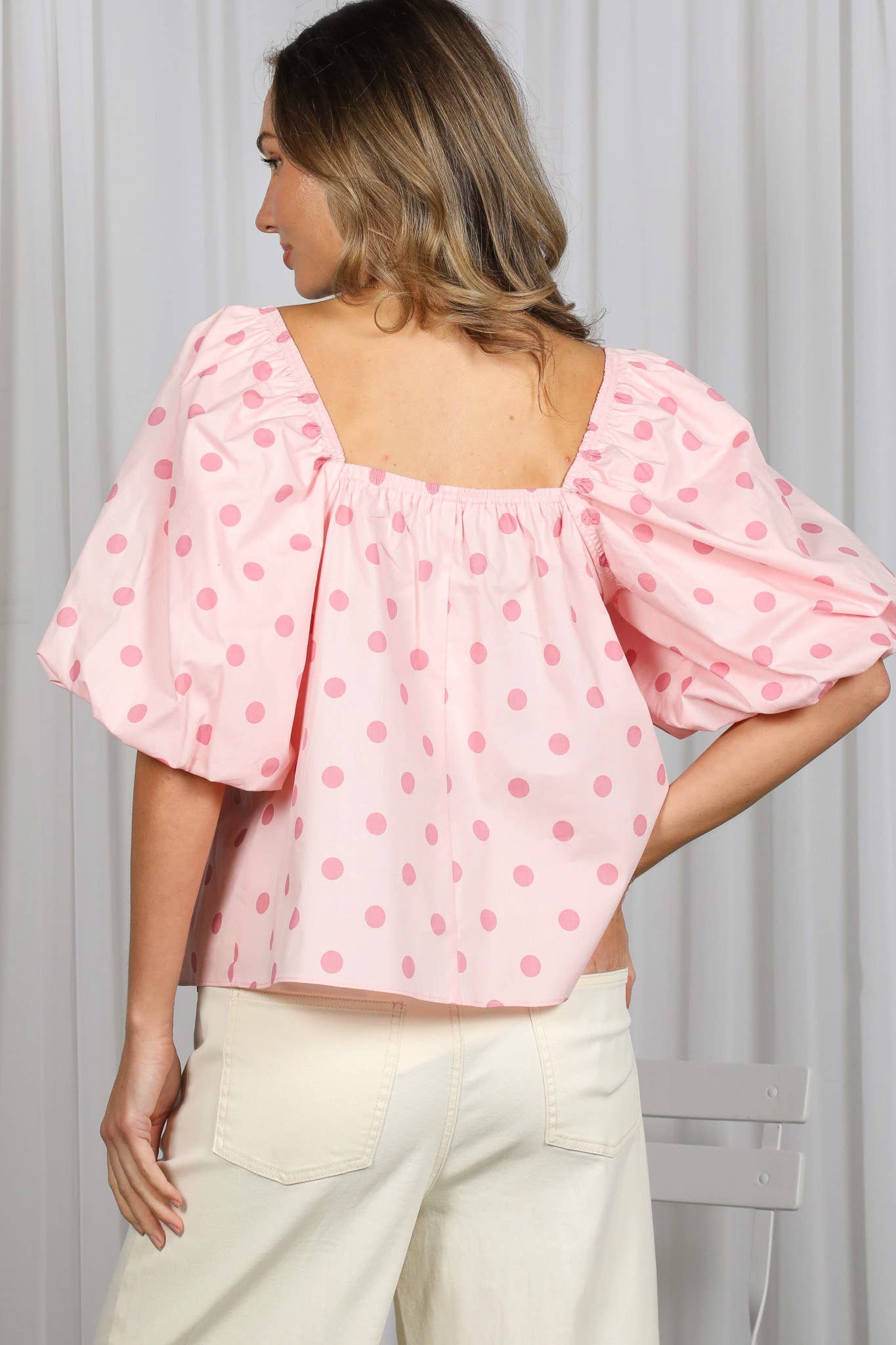 Polka Dot Short Bubble Sleeve 100%Cotton Blouse VT83161D: Taupe / L