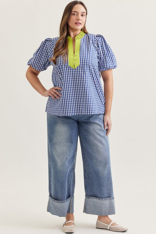 Entro Gingham Navy Top Extended Size