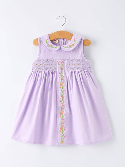 Floral Embroidered Girl Dress with Lavender Peter Pan Collar: 6