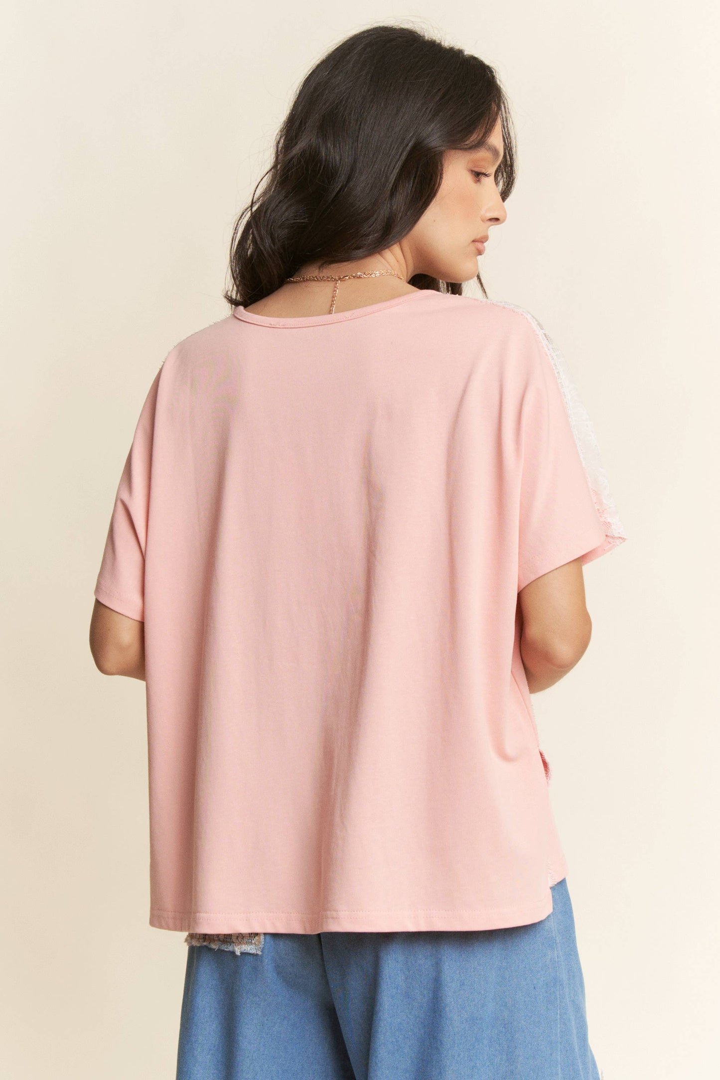 HEART PEACE PATCH LACE PEARL SHORT SLEEVE TOP: Pink / L