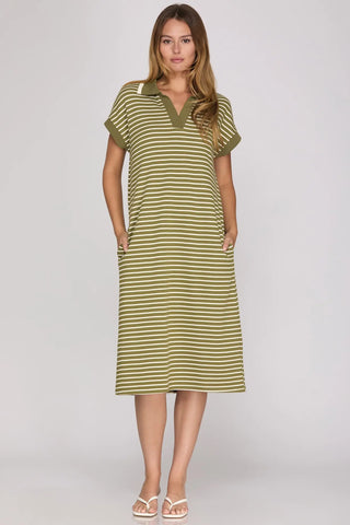 Olive and White Stripe Midi Dress