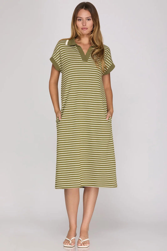Olive and White Stripe Midi Dress
